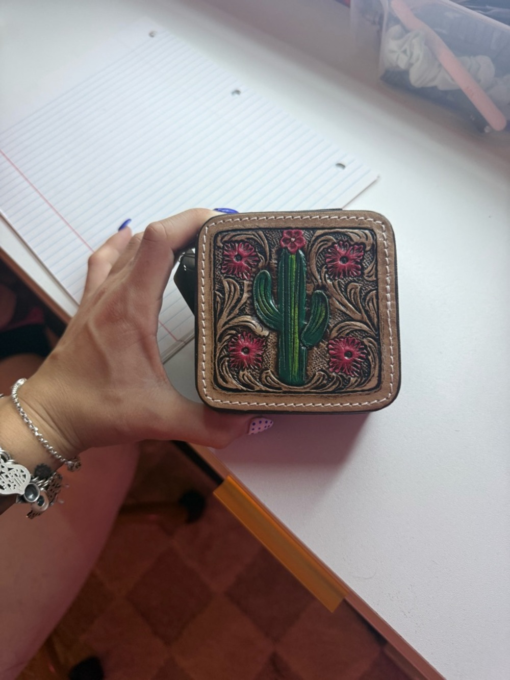 Handcrafted Western Cactus Leather Coin Purse - Green & Pink